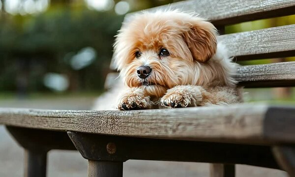 A fluffy, content dog lounges on a wooden bench in a tranquil park, embodying the calming connection between pets and the natural world.