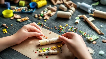 A hands-on craft activity using colorful materials and recycled items for creative expression.