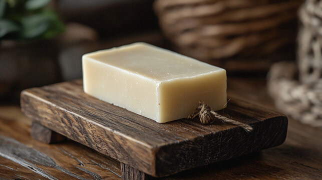 A natural unscented bar soap resting on a rus