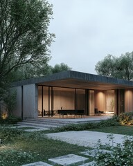 Modern minimalist house surrounded by greenery and a serene landscape.