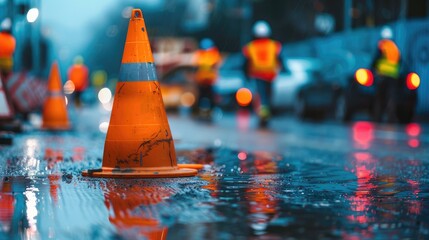Close-up view of construction cones on wet road with blurry workers in the background