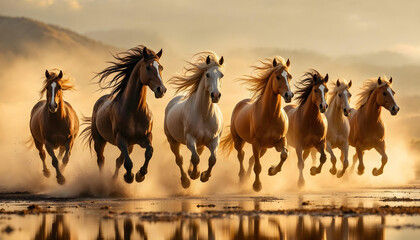 seven running horses on sunset background © aistock