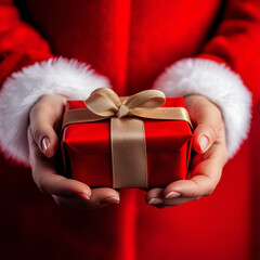 Santa Claus hands holding a gift box
