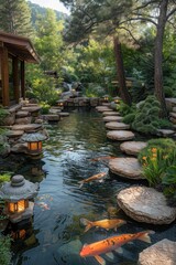 A serene garden with koi fish, stone pathways, and lush greenery.