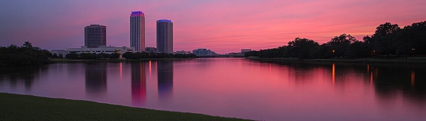 Fototapeta premium Serene sunset over a calm lake with modern buildings reflecting vibrant colors.