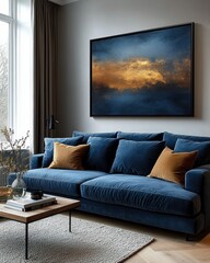 Cozy modern living room with deep blue velvet sofa and golden abstract art in bright minimalist design
