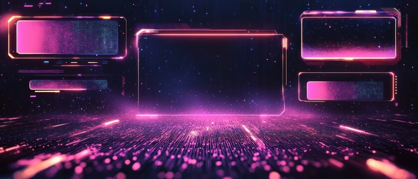 Futuristic Neon Streaming Overlay Design for Live Gaming Interface and Webcam Frame in Purple and Pink Colors