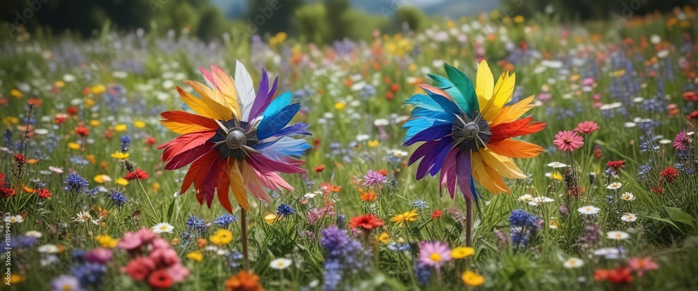 Wall mural beautifully crafted pinwheel with multicolored feathers dancing amidst a colorful array of blooming 