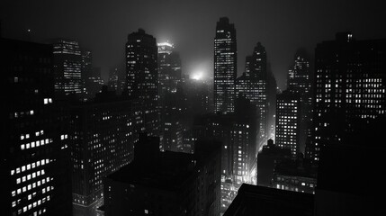 A black-and-white cityscape at night, showcasing illuminated skyscrapers.