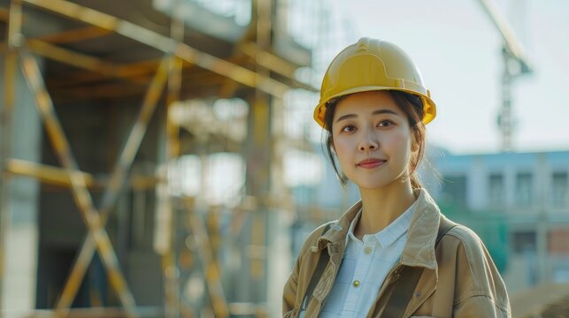 Young Asian construction worker in professional clothes and hat standing, looking at camera and smiling. Blurry background