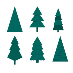 Obraz premium Stylized tree silhouettes. Geometric pine shapes. Minimal green icons. Forest vector set.