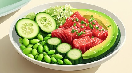 A colorful bowl featuring fresh ingredients like salmon, avocado, cucumber, and edamame.