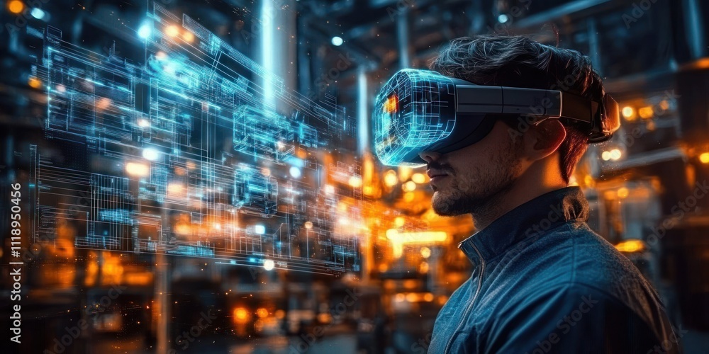 Poster futuristic industrial scene with vr headset and holographic robotics in smart factory