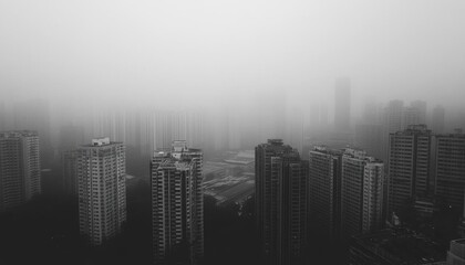 Fototapeta premium A foggy urban landscape with towering buildings shrouded in mist.