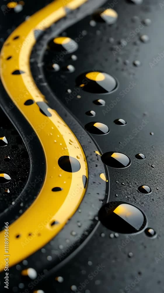 Poster water droplets on black surface with yellow line pattern create an artistic and vibrant visual contr