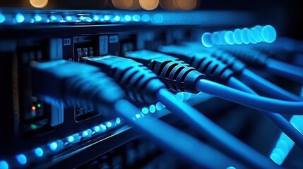 Connecting Ethernet Cables to Computer Server with Cool Blue Lighting