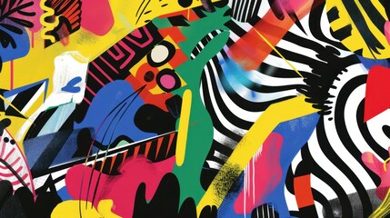 Abstract colorful composition featuring dynamic shapes and patterns.