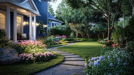 Naklejka premium Serene Evening Landscape Design: A Dream Home's Tranquil Garden