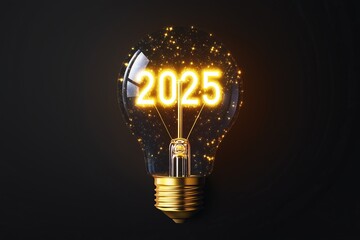 Light bulb shining with glowing numbers representing the year 2025 in dark background for future innovation concept
