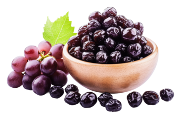 Fresh black grapes and dried fruits in a bowl, cut out - stock png.