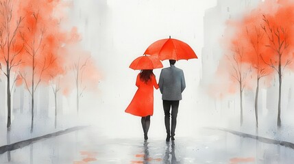 Watercolor Rustic Living-Room Wall Art. A couple walks hand in hand under red umbrellas in a misty street, surrounded by vibrant autumn trees.