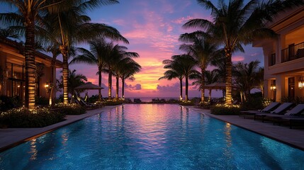 Obraz premium An elegant swimming pool surrounded by palm trees at sunset, with loungers and umbrellas poolside
