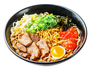 Delicious ramen bowl with beef and egg on display, cut out - stock png.