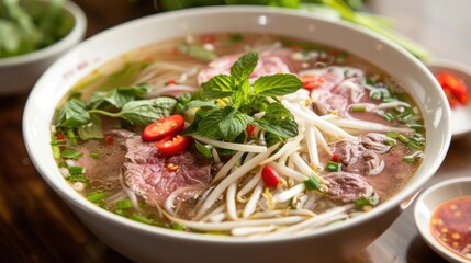 A bowl of pho with fresh herbs, beef, and spices.