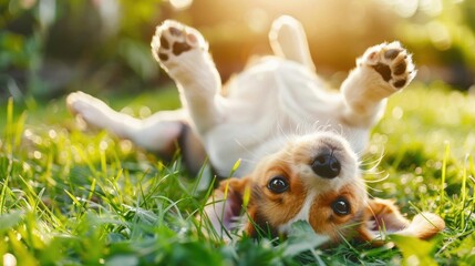 A playful puppy lying on its back in a sunlit grassy field.