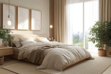 Modern Scandinavian Bedroom Design with Cozy Beige Bedding and Natural Light