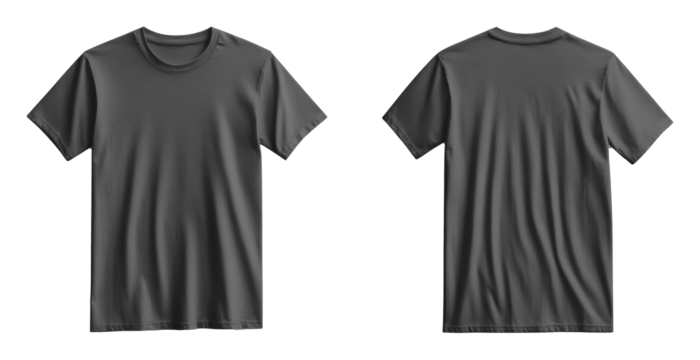 Black t-shirt front and back view on transparent background, fashion apparel and design concept