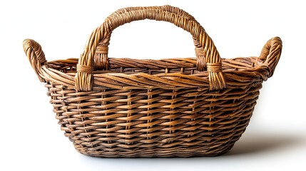 Obraz premium An empty wicker basket with handles is displayed in isolation against a white background
