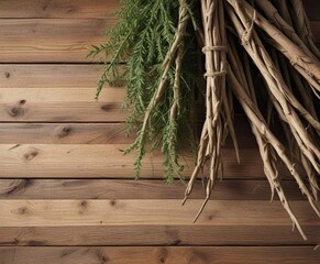 Naklejka premium Bundle of large twigs and branches tied with hemp rope on a wooden surface, hemp, rope, outdoor