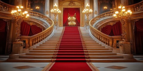Obraz premium Grand Baroque Staircase with Luxurious Red Carpet in a Palace Interior Featuring Marble Floors and Ornate Gold Railings