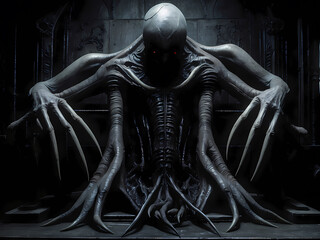 Dunkler Fantasiegestalt mit vielen Armen in einer bedrohlichen Umgebung