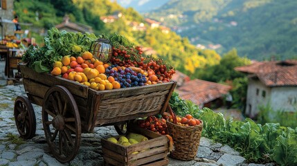 [Farmers Market Vendors Crafts] Fruit Cart Scene in Traditional Village with Hilly Landscape and Vineyards - Powered by Adobe