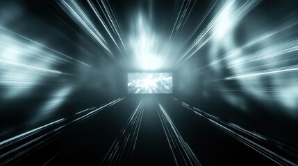 A futuristic tunnel with light rays converging towards a glowing screen.