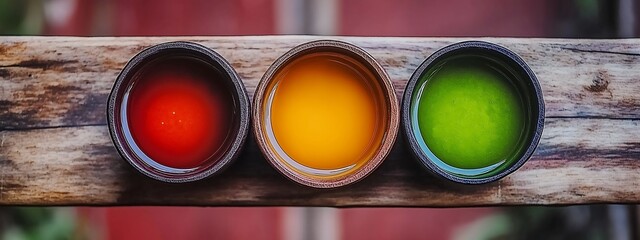 mixed colors smoothies, different glass shapes, food photography, minimalistic vintage setup on pale red background, green, orange and white color fusion