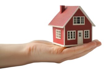 Miniature house model held in hand, cut out - stock png.
