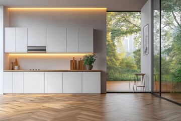 Obraz premium Minimalistic Modern Kitchen Interior with Natural Light and Wooden Flooring