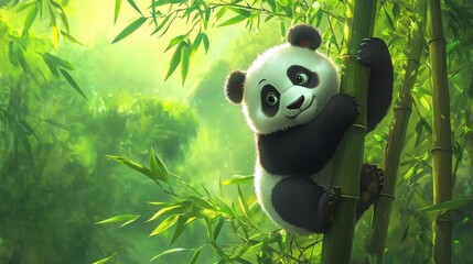 A cute panda climbing a bamboo stalk in a lush green forest.