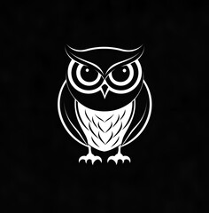 Fototapeta premium Black and white logo graphic of an owl on a black background
