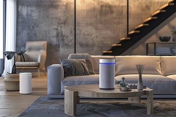 Modern living room featuring smart speakers and stylish decor.