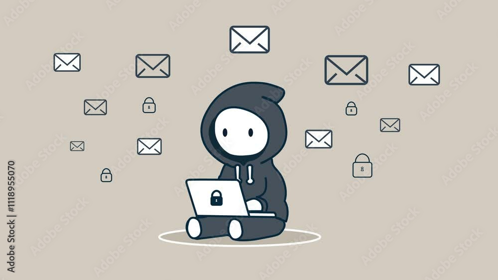 Aufkleber hacker sending emails from laptop cartoon animation. electronic mail spam and phishing, hacking data