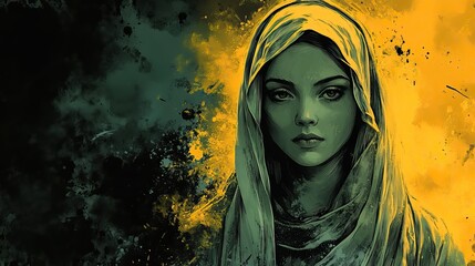 An image of Mary illustrated in a stencil-like artistic style