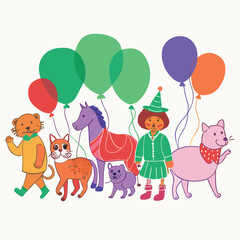 Obraz premium A girl in a green dress and a pointy hat leads a parade of animals, including a fox, cat, dog, horse, and tiger, all holding onto colorful balloons.