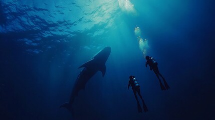 Divers encounter a whale shark in deep blue ocean.