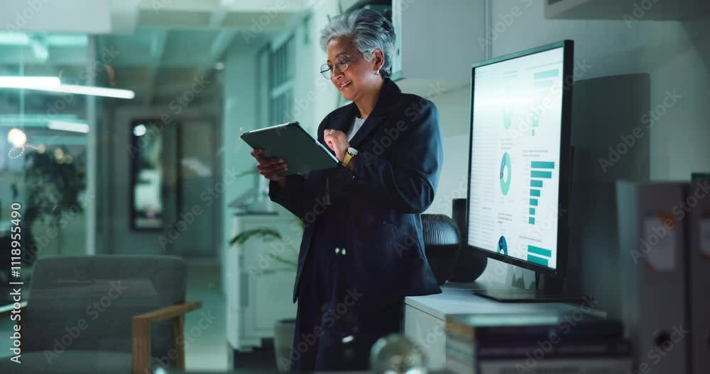 Poster mature woman, tablet and scroll for solution with screen or brainstorming ideas and business growth.
