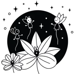 Crédence de cuisine  Three fairies with delicate wings dance in the moonlight. They are surrounded by blooming flowers and twinkling stars  © md-SK