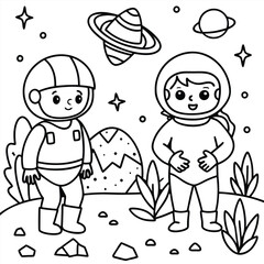 Two children, wearing astronaut suits, stand on a rocky planet with a large, round planet in the background